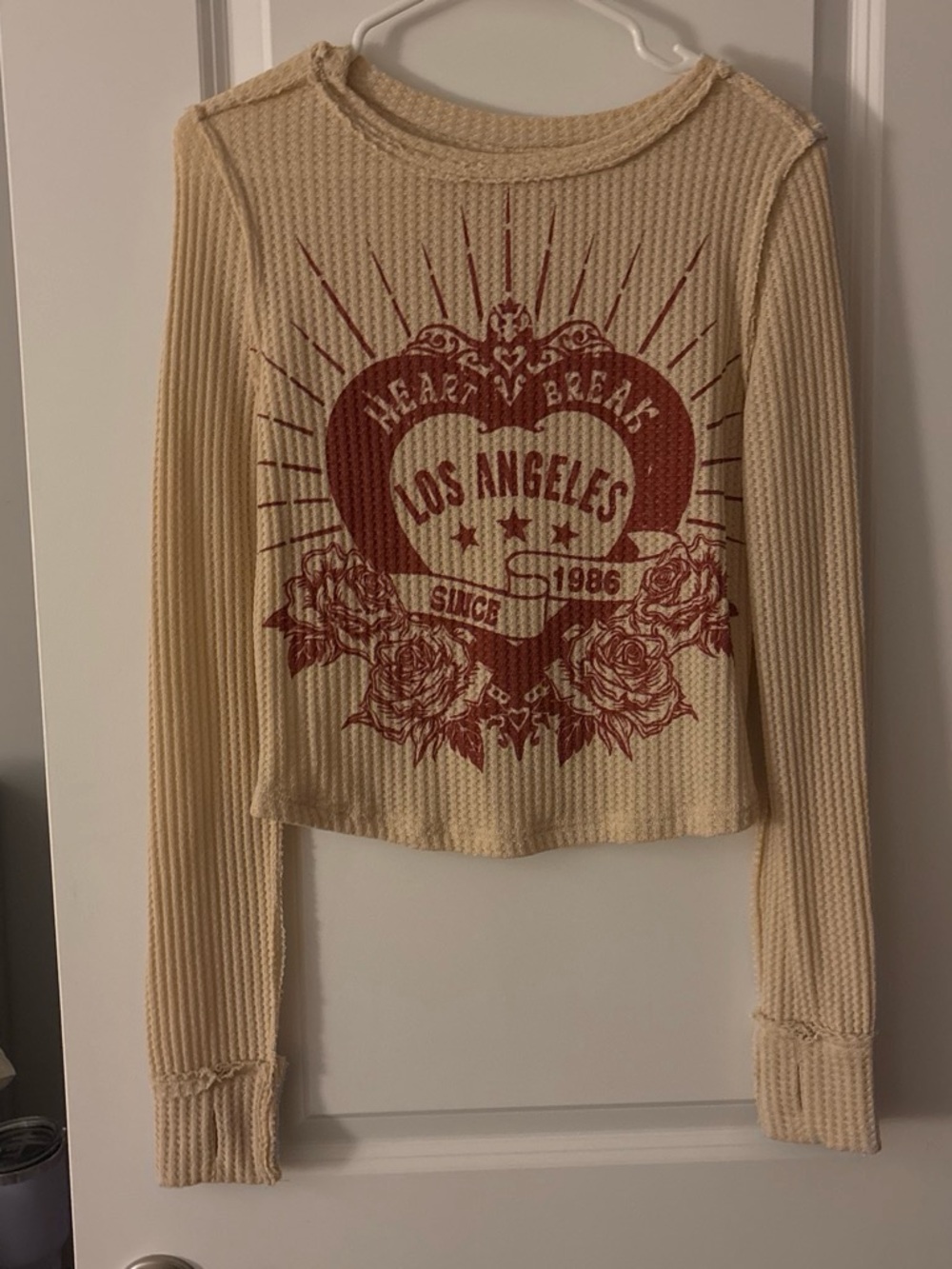 Cream Long-Sleeve Thermal Top with Red Los Angeles Heart Graphic